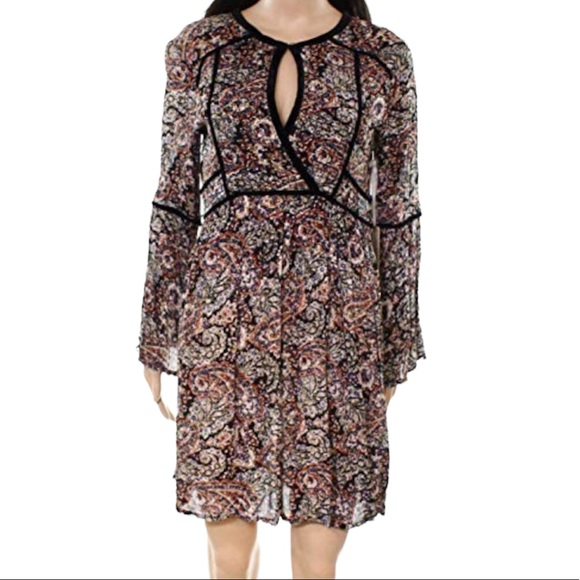 Paisley boho bell sleeve wrap dress with velvet trim - Picture 2 of 16